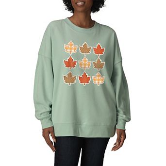 Women's Fall Leaves Pattern Grid Oversized Fleece Crew Sweatshirt