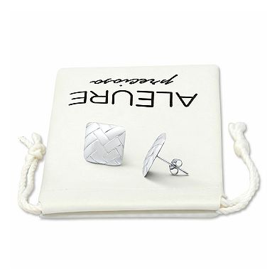 Aleure Precioso Sterling Silver Basket Weave Groove Square Button Post Earrings
