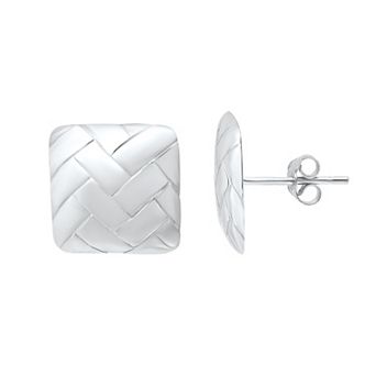Aleure Precioso Sterling Silver Basket Weave Groove Square Button Post Earrings