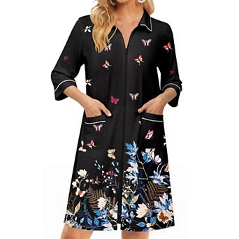 Ekouaer Zipper Robes for Women Three Quarter Sleeve Housecoats Knee Length Bathrobe Nightgown
