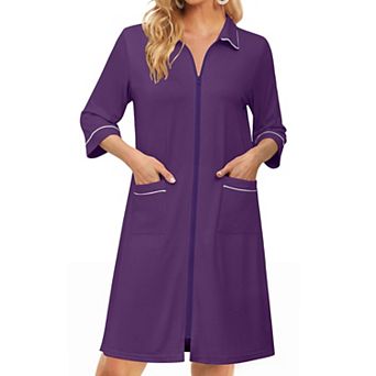 Ekouaer Zipper Robes for Women Three Quarter Sleeve Housecoats Knee Length Bathrobe Nightgown