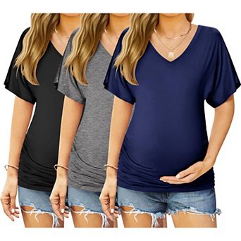 Ekouaer 3 Pack Maternity Shirts V Neck Dolman Sleeve Side Ruched Pregnancy Tops Tunic Blouse