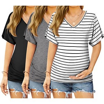 Ekouaer 3 Pack Maternity Shirts V Neck Dolman Sleeve Side Ruched Pregnancy Tops Tunic Blouse