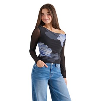 Juniors' madden girl Long Sleeve Asymmetrical Side Ruche Top