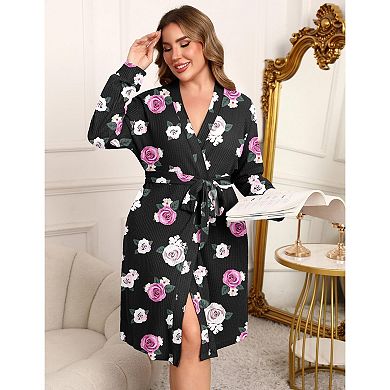 Ekouaer Women Robe Waffle Knit Bathrobe Short Lightweight Kimono Robes with Pockets Maternity Robe