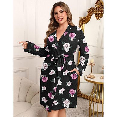 Ekouaer Women Robe Waffle Knit Bathrobe Short Lightweight Kimono Robes with Pockets Maternity Robe