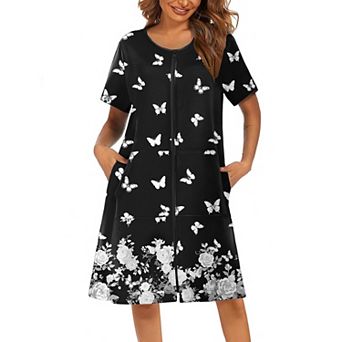 Ekouaer Women Robes Lightweight House Coat Short Sleeve Print Mumu House Dresses Zipper Nightgowns