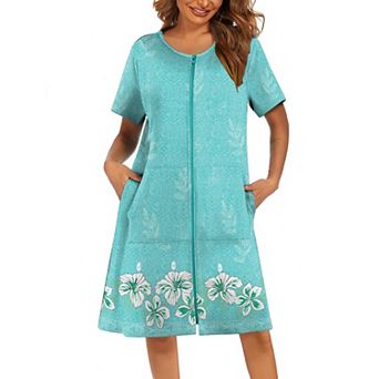 Ekouaer Women Robes Lightweight House Coat Short Sleeve Print Mumu House Dresses Zipper Nightgowns