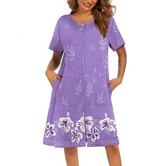 Ekouaer Women Robes Lightweight House Coat Short Sleeve Print Mumu House Dresses Zipper Nightgowns