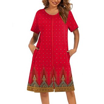 Ekouaer Women Robes Lightweight House Coat Short Sleeve Print Mumu House Dresses Zipper Nightgowns