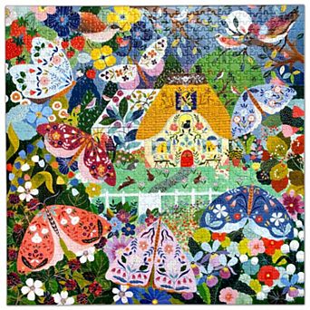 eeBoo Piece & Love 1000 pc Jigsaw Puzzle Cottage at Dusk Moths & Flowers