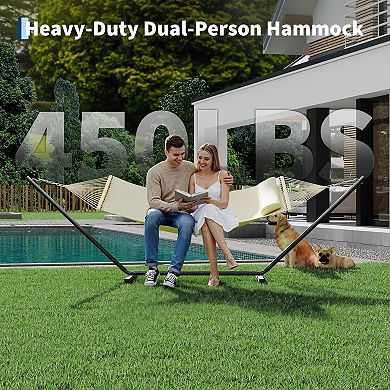 Heavy Duty Double Hammock with Adjustable Steel Stand, Portable 2-Person Hammock for Patio