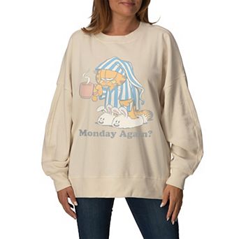 Women's Garfield Monday Again Graphic Distressed Oversized Fleece Crew Sweatshirt