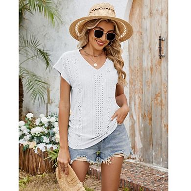 Womens Short Sleeve Top Eyelet V-Neck Pocket T-Shirt Summer Casual Blouses Pullover