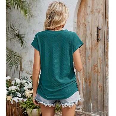 Womens Short Sleeve Top Eyelet V-Neck Pocket T-Shirt Summer Casual Blouses Pullover