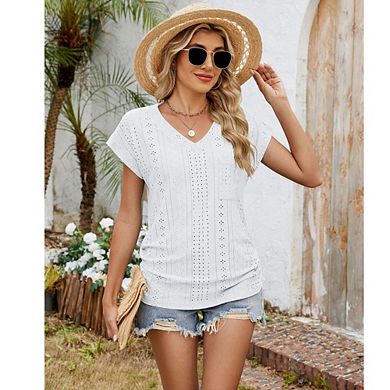 Womens Short Sleeve Top Eyelet V-Neck Pocket T-Shirt Summer Casual Blouses Pullover