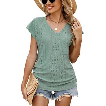 Womens Short Sleeve Top Eyelet V-Neck Pocket T-Shirt Summer Casual Blouses Pullover