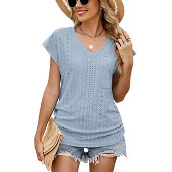 Womens Short Sleeve Top Eyelet V-Neck Pocket T-Shirt Summer Casual Blouses Pullover