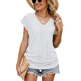 Womens Short Sleeve Top Eyelet V-Neck Pocket T-Shirt Summer Casual Blouses Pullover