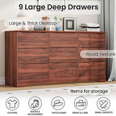 Wooden Dresser with 9 Drawers, Tall Modern Closet with Deep Storage