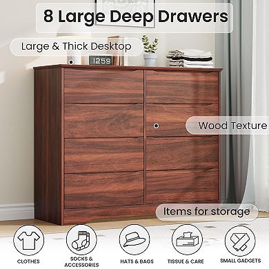 Wooden Dresser with 8 Drawers, Tall Modern Closet with Deep Storage
