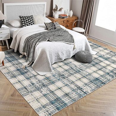 Modern Plaid Area Rug, Non-Slip Low Pile Indoor Carpet, Machine Washable Soft Plaid Floor Mat