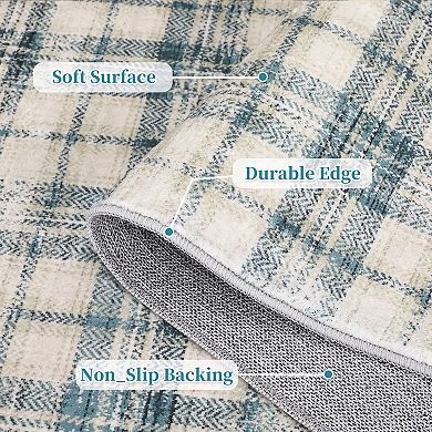 Modern Plaid Area Rug, Non-Slip Low Pile Indoor Carpet, Machine Washable Soft Plaid Floor Mat