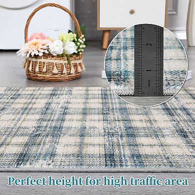 Modern Plaid Area Rug, Non-Slip Low Pile Indoor Carpet, Machine Washable Soft Plaid Floor Mat