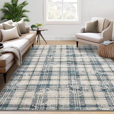Modern Plaid Area Rug, Non-Slip Low Pile Indoor Carpet, Machine Washable Soft Plaid Floor Mat