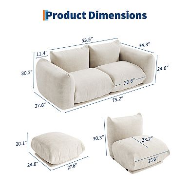 Chenille Fabric Modular Love Seat Sofa, Cloud Couch, Boneless Design for Apartments Living Rooms