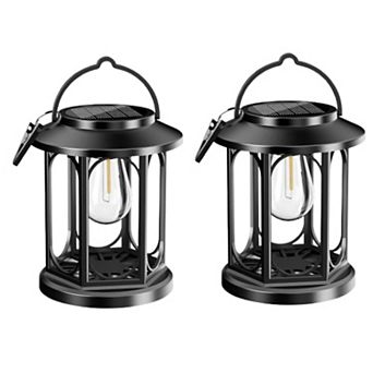 Solar Hanging Lanterns Waterproof LED Warm White Outdoor Lights Pack of 2