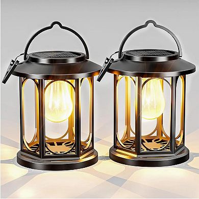 Solar Hanging Lanterns Waterproof LED Warm White Outdoor Lights Pack of 2