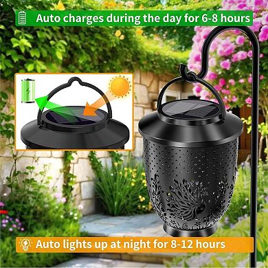 Pack of 2 Solar LED Hanging Lantern Peacock Garden Outdoor Waterproof Light