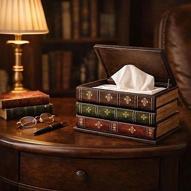 Vintage Wooden Tissue Box Cover Antique Book Style Holder