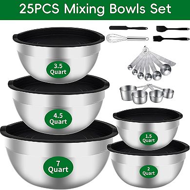 Mixing Bowls Set,25PCS Stainless Steel Mixing Bowl with Lid Set,Large Nesting Bowls 7, 4.5,3,2,1.5QT