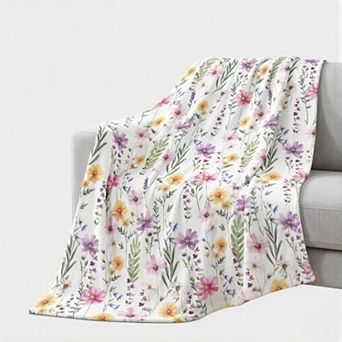 Spring Summer Flannel Blanket Throw, Watercolor Wildflowers Fleece Soft Fuzzy Plush Cozy Fleece
