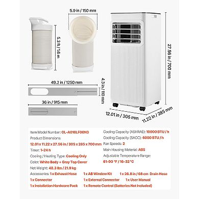 VEVOR Portable Air Conditioner, 10000 BTU ASHRAE (6000 BTU SACC) 3-in-1 Standing Cooling Ac Unit