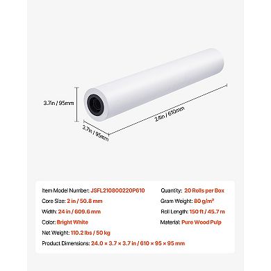 VEVOR Wide Format Paper, 24 in x 150 ft Plotter Roll, 20 Rolls CAD Bond Rolls with 2 in Core, 20 LB