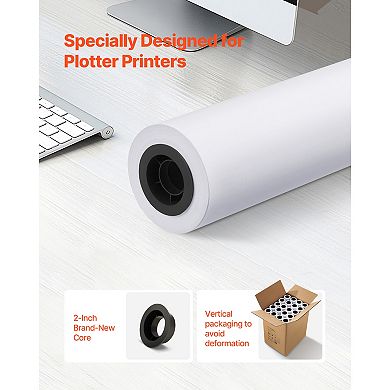 VEVOR Wide Format Paper, 24 in x 150 ft Plotter Roll, 20 Rolls CAD Bond Rolls with 2 in Core, 20 LB