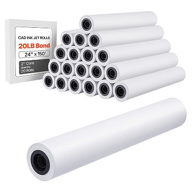VEVOR Wide Format Paper, 24 in x 150 ft Plotter Roll, 20 Rolls CAD Bond Rolls with 2 in Core, 20 LB