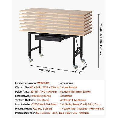 VEVOR Adjustable Workbench on Wheels, 2000 lbs Capacity, 60x24 In Oak Wood Top Workbench with Drawe