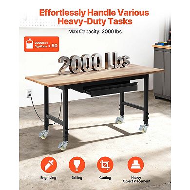 VEVOR Adjustable Workbench on Wheels, 2000 lbs Capacity, 60x24 In Oak Wood Top Workbench with Drawe