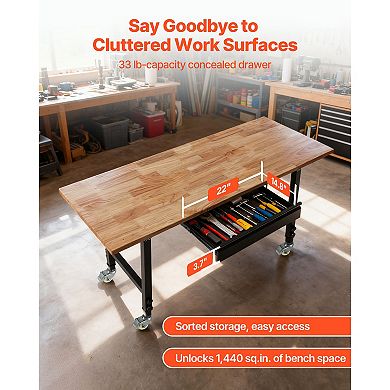 VEVOR Adjustable Workbench on Wheels, 2000 lbs Capacity, 60x24 In Oak Wood Top Workbench with Drawe