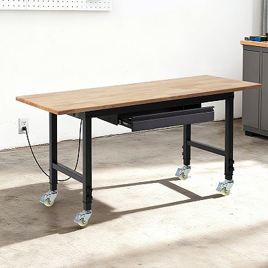 VEVOR Adjustable Workbench on Wheels, 2000 lbs Capacity, 60x24 In Oak Wood Top Workbench with Drawe