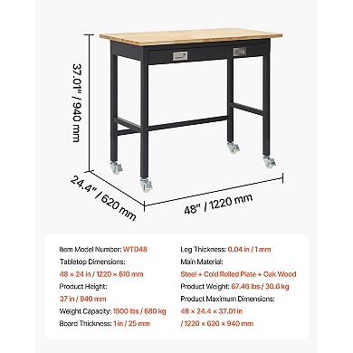 VEVOR 48-inch Workbench, 1500 lbs Load Capacity, Garage Workbench with Drawer Storage & Wheels