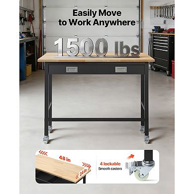 VEVOR 48-inch Workbench, 1500 lbs Load Capacity, Garage Workbench with Drawer Storage & Wheels