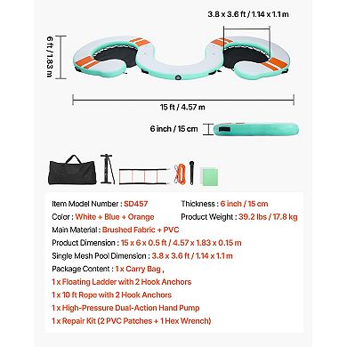 VEVOR Inflatable Floating Dock, 15 x 6 FT Inflatable Dock Platform, Non-Slip with Carrying Bag
