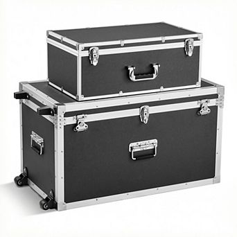 VEVOR Metal Storage Trunk,Set of 2,Wooden Suitcase Storage Boxes with Padlocks,3 Metal Handles,Black