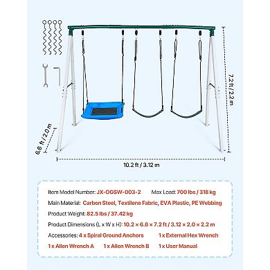 VEVOR Swing Set for Backyard, 45x30 in Swing Seat and Two Belt Seats, with A-Frame Metal Stand