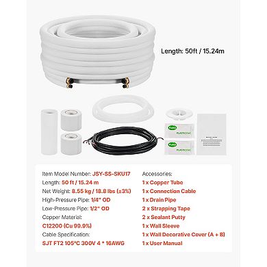 VEVOR 50ft Mini Split Line Set, 1/4” & 1/2” OD AC Copper Tubing Pipe, 3/8 White PE Insulated Coil